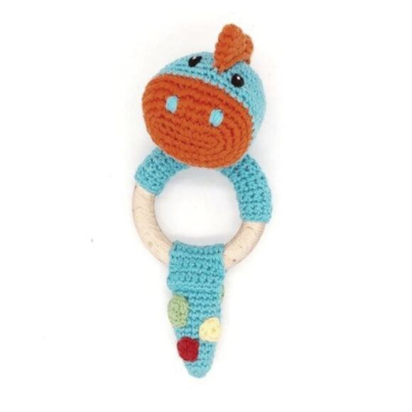 Pebble Hand Knit Turquoise Dinosaur Wooden Teething Ring w/ Rattle - Picture 1 of 10